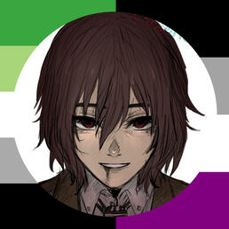 The profile image shows a fanart of Goro Akechi in a flat portrait; as a photo frame it has the aromantic and asexual flags.